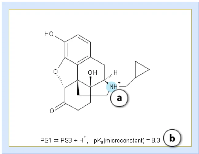 a.标注了颜色的电离中心；；b.解离反应及其pKa(microconstant)；6、单击适当的选项卡可选择需要的图形类型；；7、净电荷与pH值的关系图；