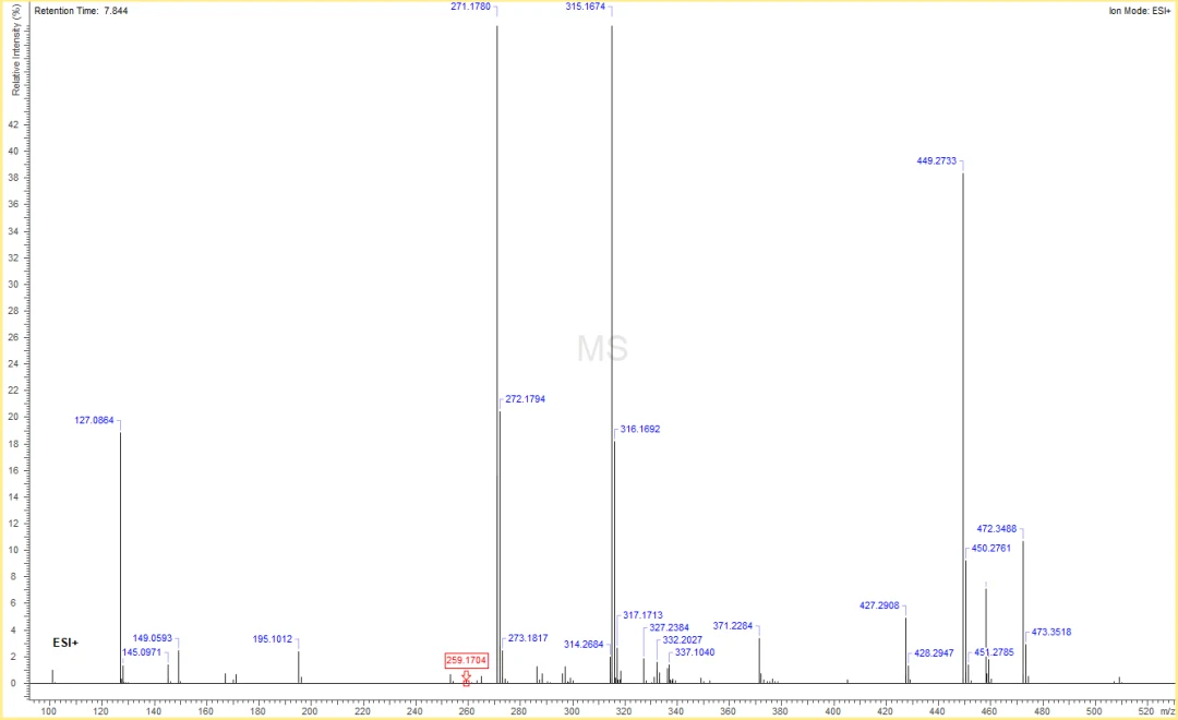 该化合物的 HRMS 谱图：ESI+ 模式，主要峰位于 m/z 449.2733 与 427.2908