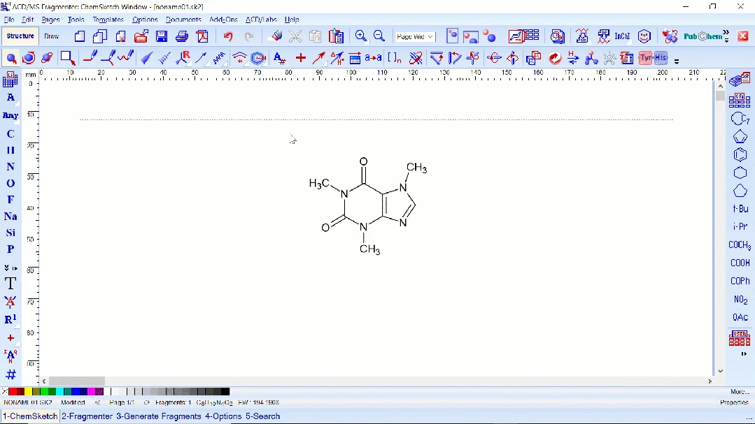 MS Fragmenter 结构绘制窗口：绘制工具画布中显示待预测的化合物结构