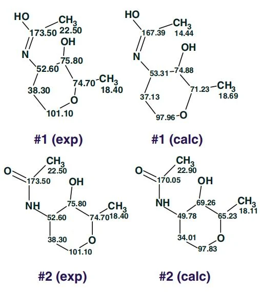 图5.22 Juniperolide A：结构#1 和#2 的互变异构相关部分，左侧为实验¹³C 化学位移，右侧