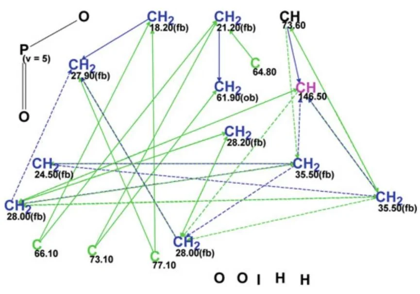 图5.27 Phosphoiodyn A：分子连接图（MCD）。四个sp 杂化碳原子以绿色标记
