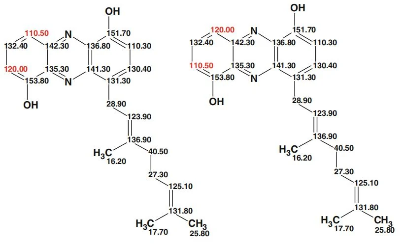 图5.40Geranylphenazinediol 的碳化学位移归属对比：左侧为自动归属结果（mg = 6），