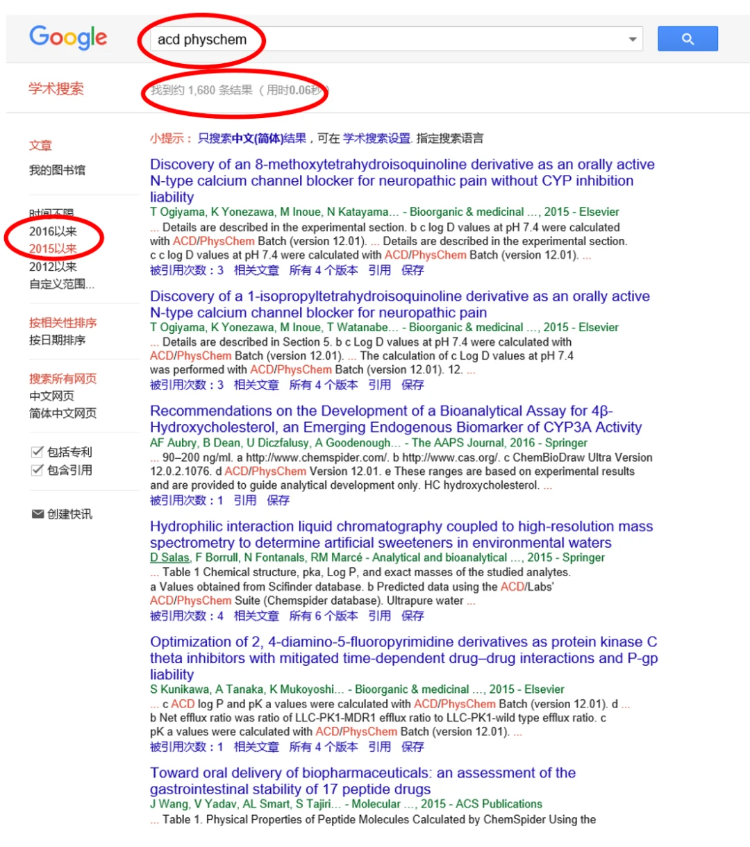谷歌学术检索 acd physchem 的结果