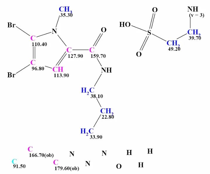 该MCD包含原mauritamide B结构中显示为绿色的两个片段。碳原子的杂化状态通过相应颜色标记:sp²-紫色,sp³-蓝色,非sp-浅蓝色。标有"ob"的碳原子表示必须与杂原子相邻。